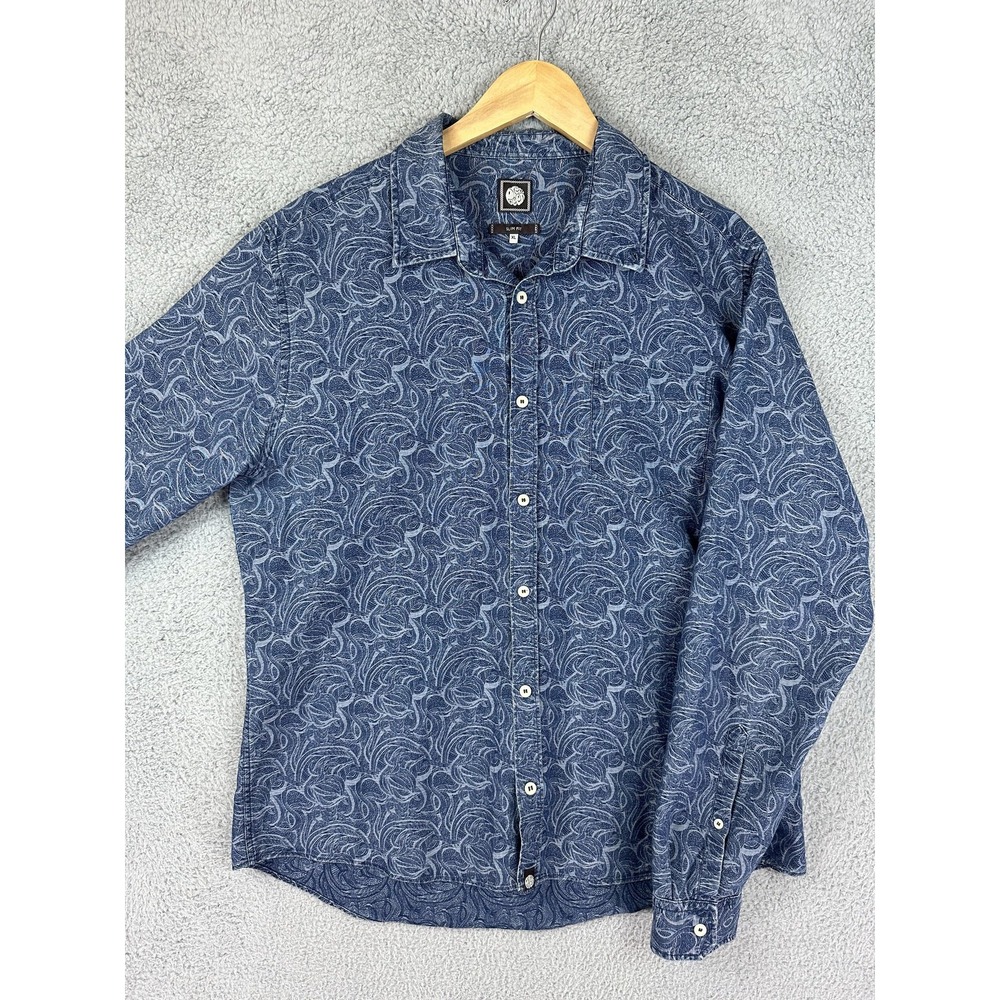 Pretty Green Shirt Mens XL Blue Slim Fit Paisley Button Up Long Sleeve Casual
